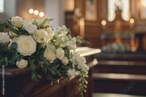 Flowers or wreath placed on a coffin in a funeral themed church.
