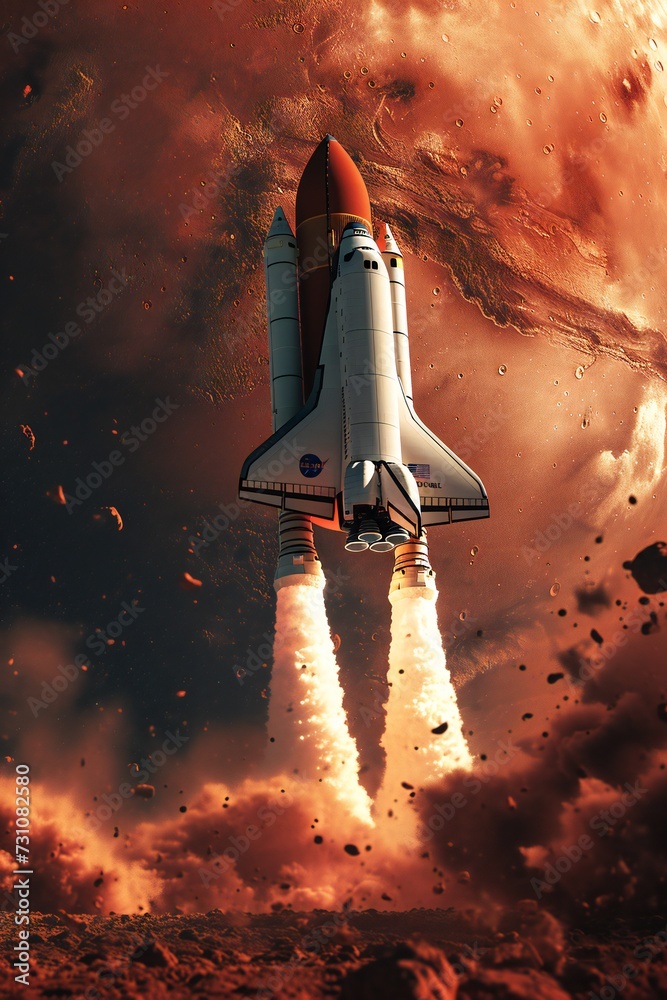 Space shuttle rocket, with a blast, takes off into space.