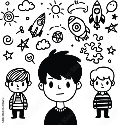 A boy surrounded by icons representing thoughts and ideas, captures the essence of a young mind’s creativity, ideal for educational and inspirational content