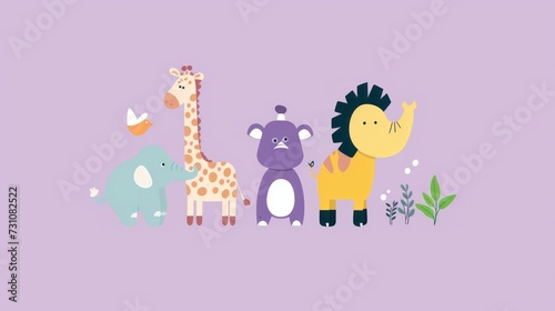 a group of animals standing next to each other in front of a purple background with plants and a giraffe.