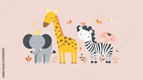 a giraffe  zebra  and elephant standing next to each other on a pink background with birds and flowers.