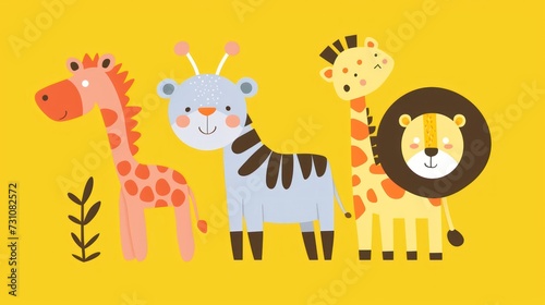 a group of giraffes, zebras, and lions standing next to each other on a yellow background.