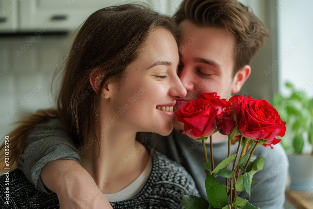 Happy couple, red roses and kisses for surprise or Valentine's Day smile with flowers as a romantic gift, love Happy couple, red roses and kisses for surprise or Valentine's Day smile with flowers as a romantic gift, love