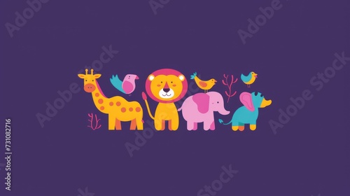 a group of giraffes and a lion on a purple background with birds on the top of them.