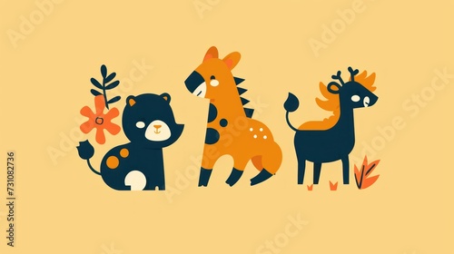 a group of animals standing next to each other on top of a yellow background with a plant in the middle.