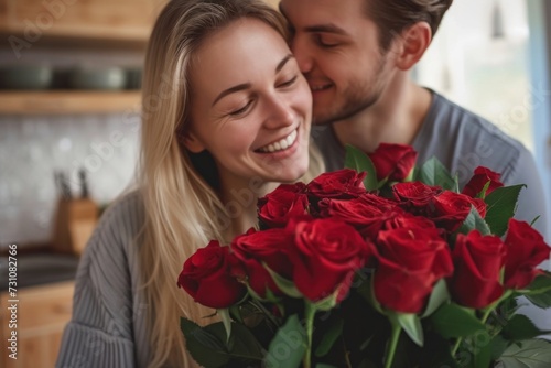 Happy couple, red roses and kisses for surprise or Valentine's Day smile with flowers as a romantic gift, love © ORG