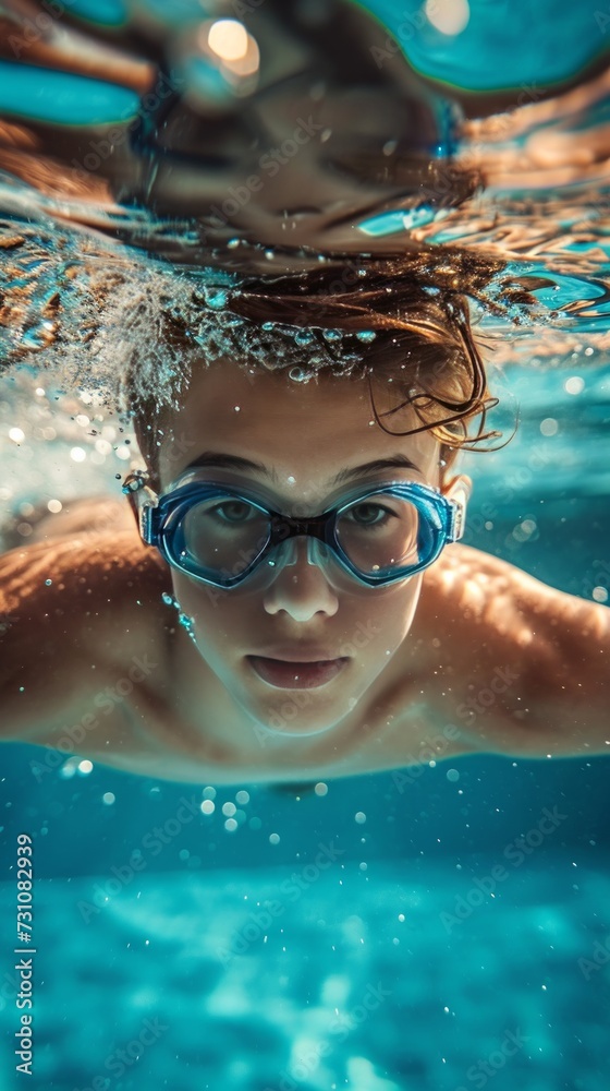 Underwater portrait of a teenage boy practicing the crawl stroke in a pool.