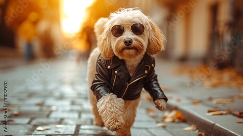 A fashionable dog striding down a city sidewalk. © Shamim