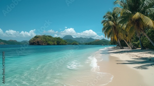 a sandy beach with palm trees and clear blue water in front of a mountain range on an island in the middle of the ocean.