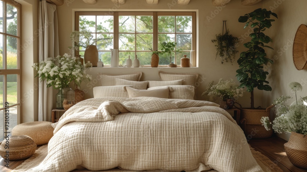 a bed room with a neatly made bed next to a window and potted plants on the side of the bed. a bed room with a neatly made bed next to a window and potted plants on the side of the bed.
