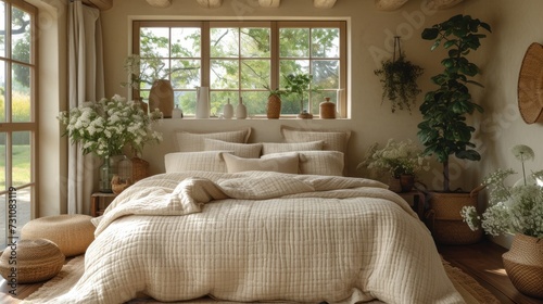 a bed room with a neatly made bed next to a window and potted plants on the side of the bed.
