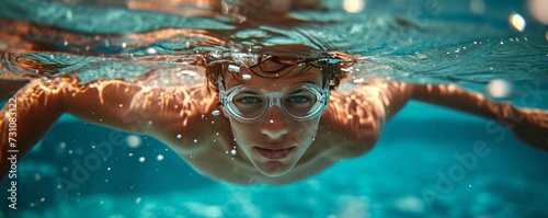 Underwater portrait of a teenage boy practicing the crawl stroke in a pool.