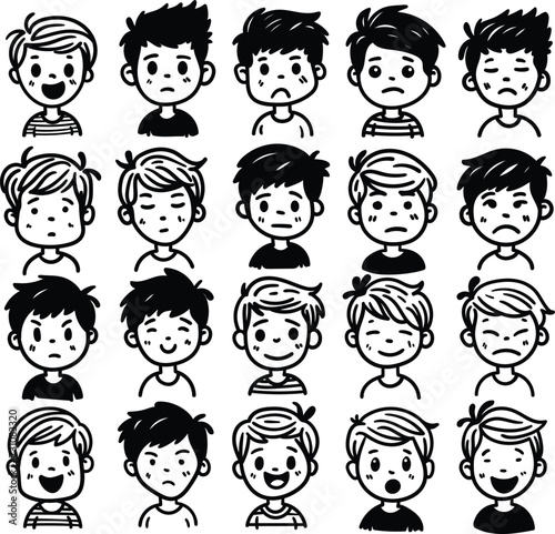 A set of hand-drawn faces or head of boys characters showcasing diversity and various emotions, perfect for visual content in psychology or education