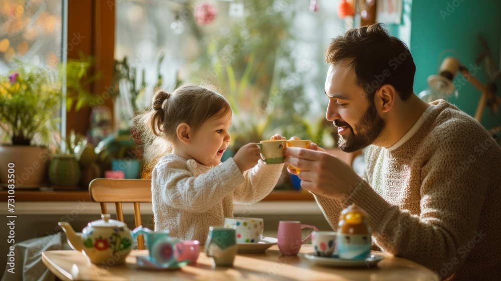 A dad and his toddler daughter sit at a child-size table, toasting with toy teacups during a tea party at home. A dad and his toddler daughter sit at a child-size table, toasting with toy teacups during a tea party at home.