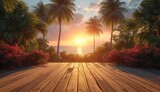 A peaceful oasis emerges as the sky transforms with the warm glow of the setting sun, casting a golden light over the lush palm trees and wooden deck, inviting one to bask in the beauty of nature and
