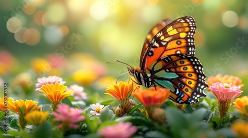 a close up of a butterfly on a field of flowers with a blurry background of grass and flowers in the foreground. © Nadia