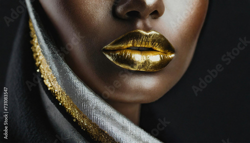 Gold paint on lips of young woman  black background