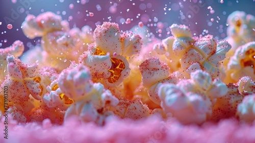 a close up of a bunch of popcorn sprinkled with white and yellow sprinkles on a pink background.