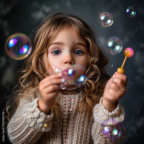 Portrait of a little girl and blowing bubbles and learning to play with the magic wand childhood development