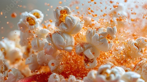 a red bowl filled with popcorn covered in orange and white sprinkles next to a pile of popcorn.