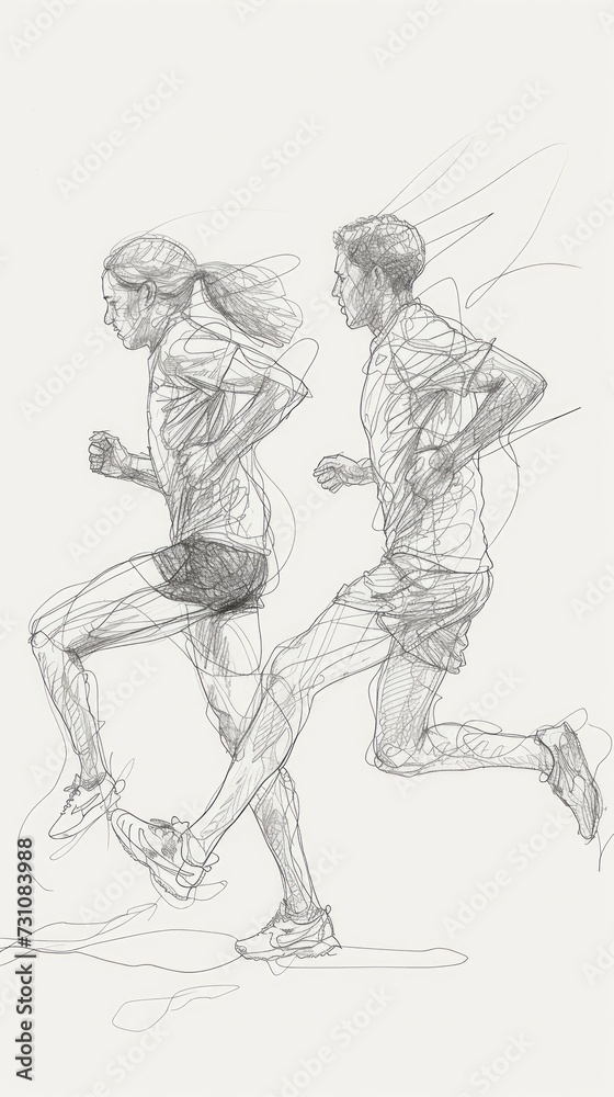 Lineart-style illustration of two figures running. Lineart-style illustration of two figures running.