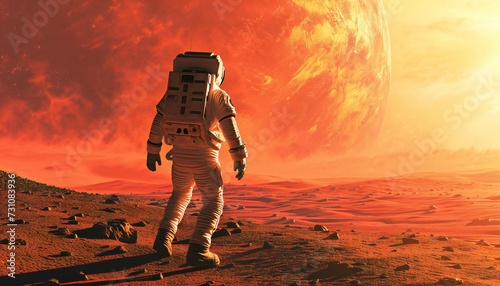 Spaceman walks on the red planet Mars.