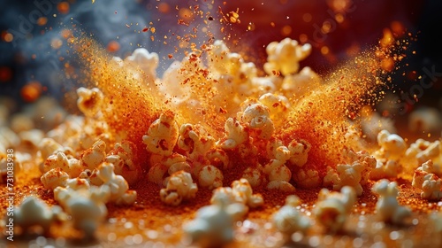 a pile of orange and white popcorn sprinkled with orange and white powder and sprinkles on a black background.