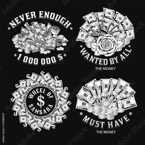 Set of black and white money vintage labels with 100 US dollar notes, coins, text. Concept illustrations on black background in vintage style. For prints, clothing, apparel, t shirt design. Not AI