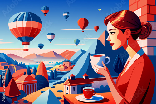 Woman drinking early morning tea with hot air balloons in Cappadocia