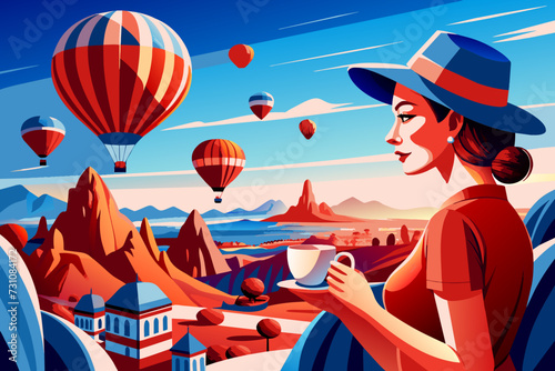 Woman drinking early morning tea with hot air balloons in Cappadocia