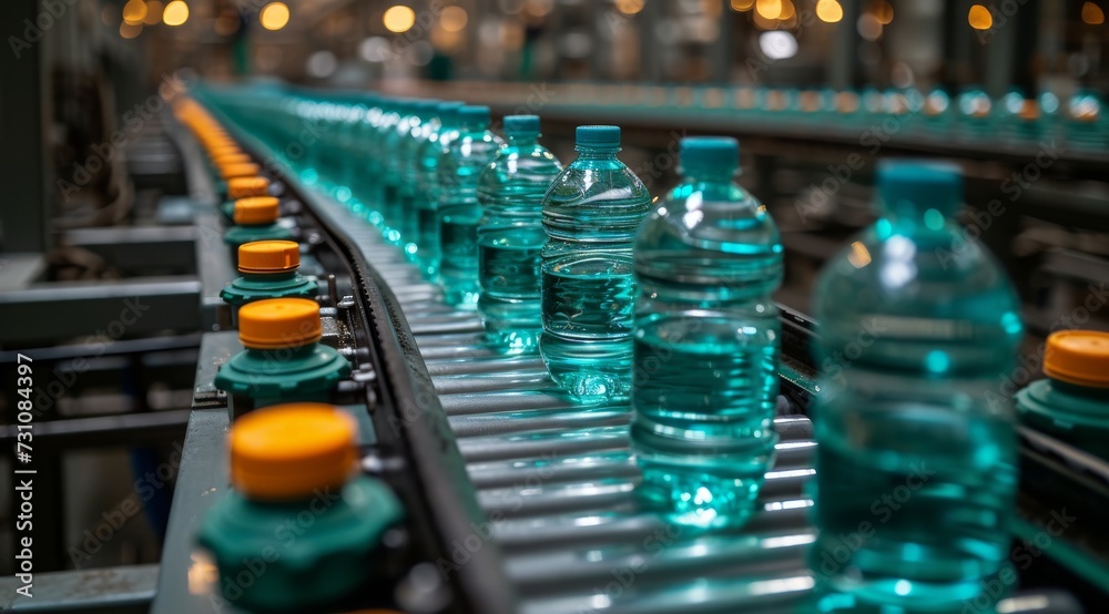 A row of glistening water bottles glide effortlessly along an indoor conveyor belt, their lined shapes a symphony of efficiency and precision