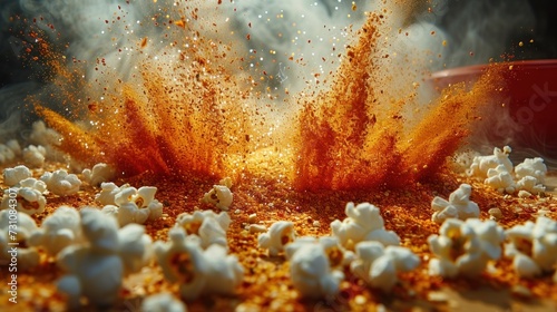 a close up of a pile of popcorn with a lot of orange and white sprinkles coming out of it.