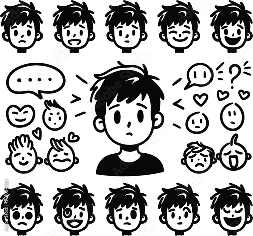 A set of hand-drawn faces or head of boys characters showcasing diversity and various emotions, perfect for visual content in psychology or education