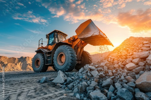 Wheel loader isolated on sky background The loader pours crushed stone or gravel from the tank. Powerful modern equipment for earthworks and bulk handling. at sunset photo