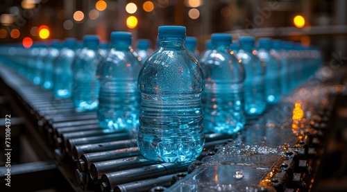 A row of crystal blue bottles glides effortlessly along the indoor conveyor belt, their glass surfaces catching the light and evoking a sense of refreshing hydration © familymedia