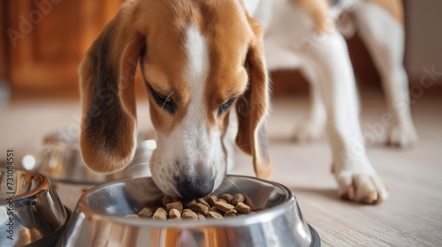Beagle puppy eating dog dry food from a bowl at home. Beagle Feeding.