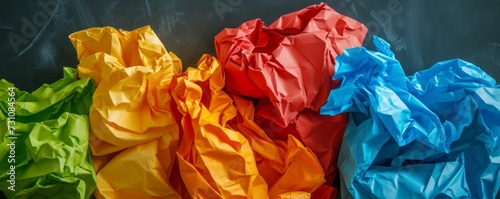 Studio photo of crumpled papers of various colors inside a waste paper basket.