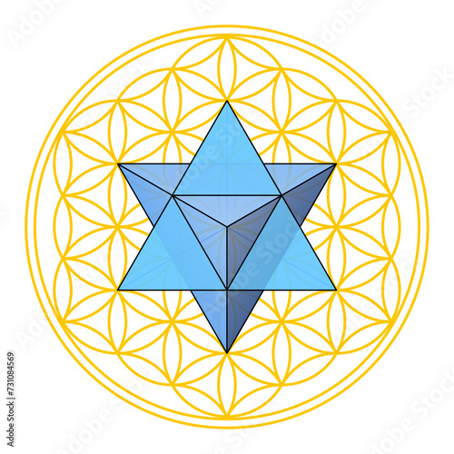 Flower of Life with Merkaba, Sacred Geometry. Star tetrahedron, a double tetrahedron, positioned in in the center of geometrical figure, composed of overlapping circles, forming a flower-like pattern.