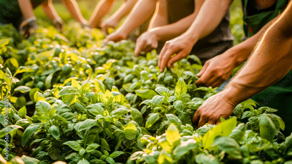 Hands of farmers working together in a garden, planting and nurturing organic basil plants in the sunlight.