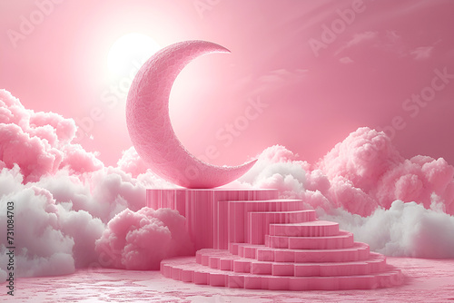 Product podium  greeting card islamic holiday banner suitable for Ramadan  Raya Hari  Eid al-Adha and Mawlid with crescent moon holy night and mosque on pink background.