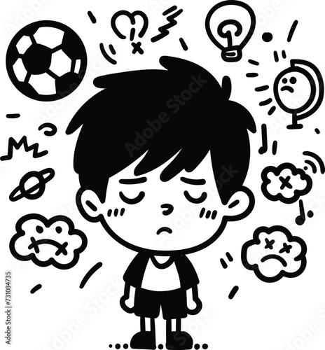 A boy surrounded by icons representing thoughts and ideas, captures the essence of a young mind’s creativity, ideal for educational and inspirational content