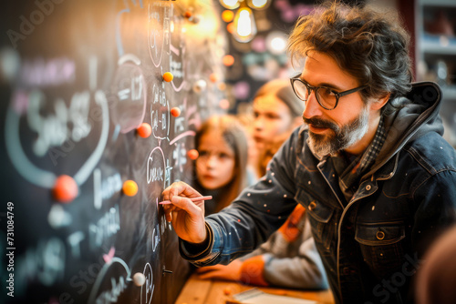 A bearded male teacher explains complex concepts on a blackboard to attentive students in a classroom setting.