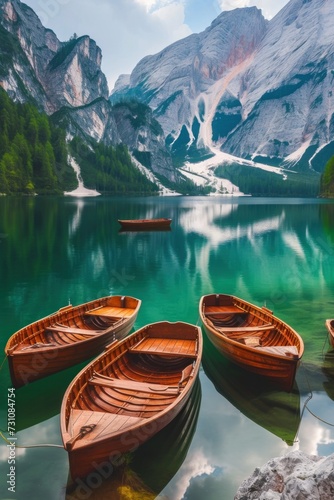 Stunning romantic place with typical wooden boats on the alpine lake, © ORG