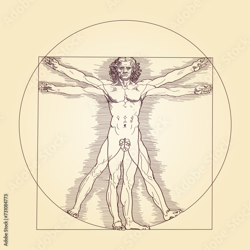 Vitruvian man, with fig leaf. Depiction of perfect human proportions with the nature, cosmos and geometry. A man stands in the center of a circle and a square, reference to the squaring of the circle.