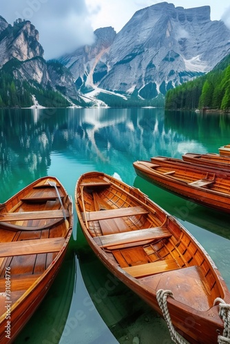 Stunning romantic place with typical wooden boats on the alpine lake,