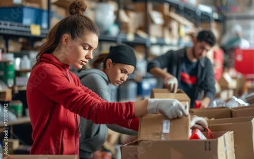 Diverse male and female volunteers collaborate, sorting donations into cardboard boxes at a charity center. © vadymstock