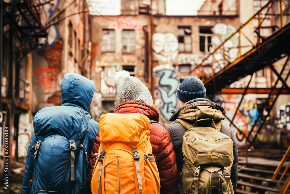 Three friends with backpacks exploring an urban area filled with vibrant graffiti and abandoned buildings.