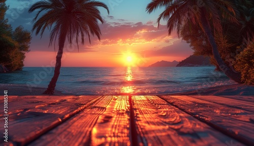 An idyllic tropical scene, with a fiery sunset casting a warm glow over a sandy beach lined with swaying palm trees and the vast expanse of the ocean stretching out to the horizon