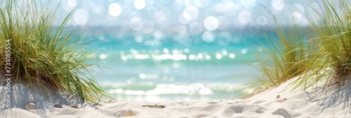 Serene beach with sand dunes, beige plants, abstract sunlight bokeh, monochromatic style, text space