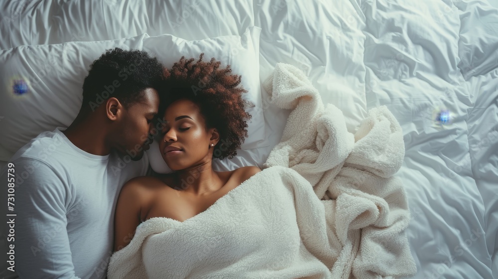 Blissful african american couple in white outfits sleeping peacefully ...